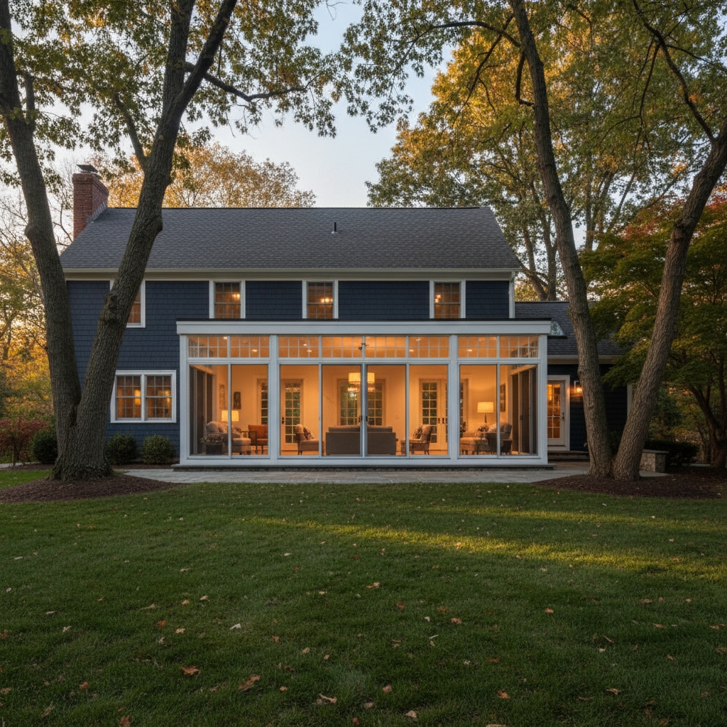 Finished four-season LivingSpace sunroom interior at golden hour, South Jersey residential setting