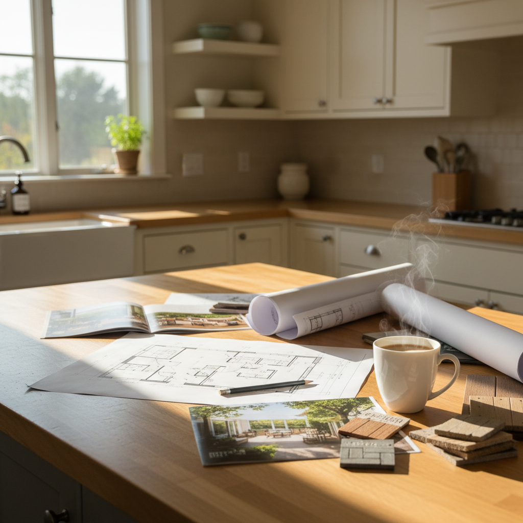 Soft-lit LivingSpace sunroom interior with morning light and outdoor living project brochures on a coffee table