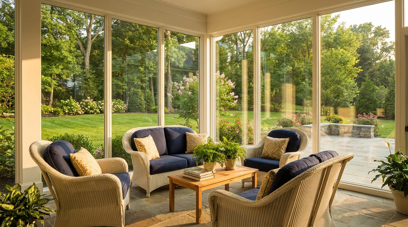 Three-season sunroom with large glass panels in South Jersey.