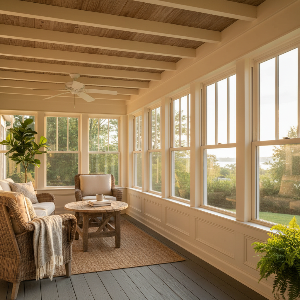 Enclosed three-season porch with glass panels and original ceiling in Atlantic County NJ