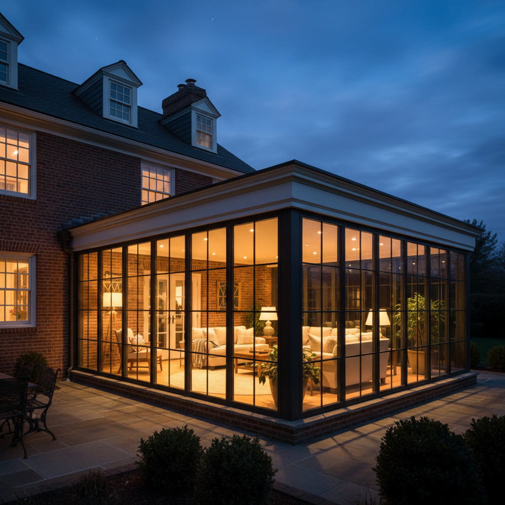 Four-season sunroom evening view in South Jersey NJ