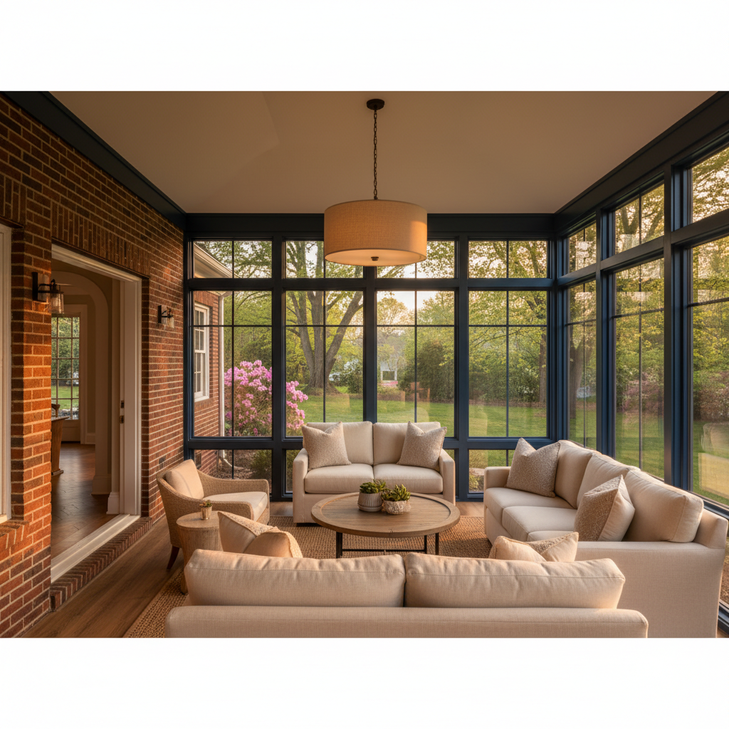Finished four-season LivingSpace sunroom in golden afternoon light, South Jersey residential setting