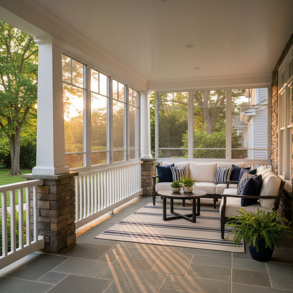 Porch enclosure installed on existing front porch of a residential home in Mays Landing, Atlantic County NJ