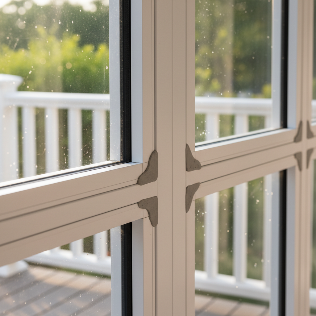 Close-up detail of porch enclosure glass panel system and aluminum frame, South Jersey NJ