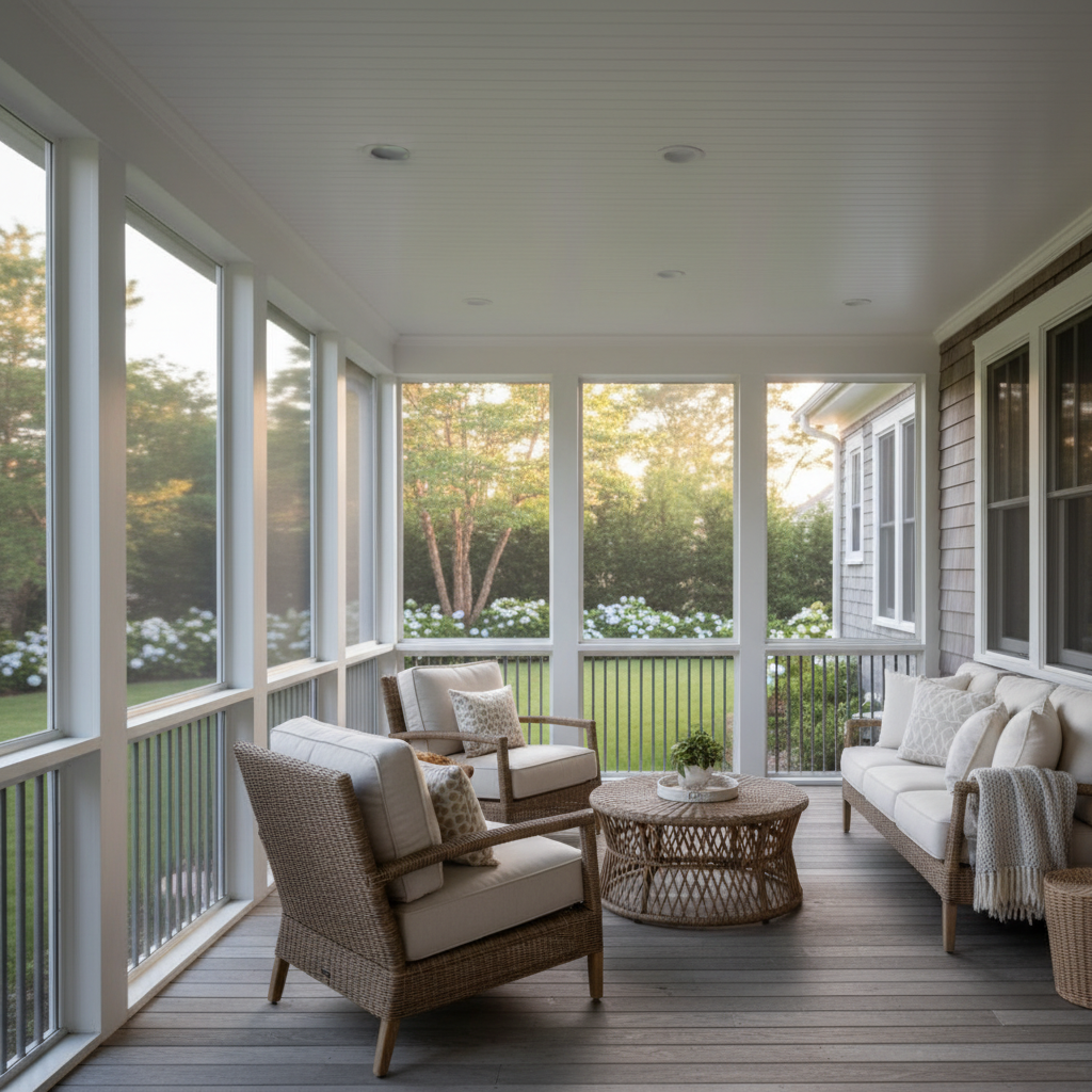 Screened porch with white wood frame and fiberglass screens in Stone Harbor, Cape May County NJ