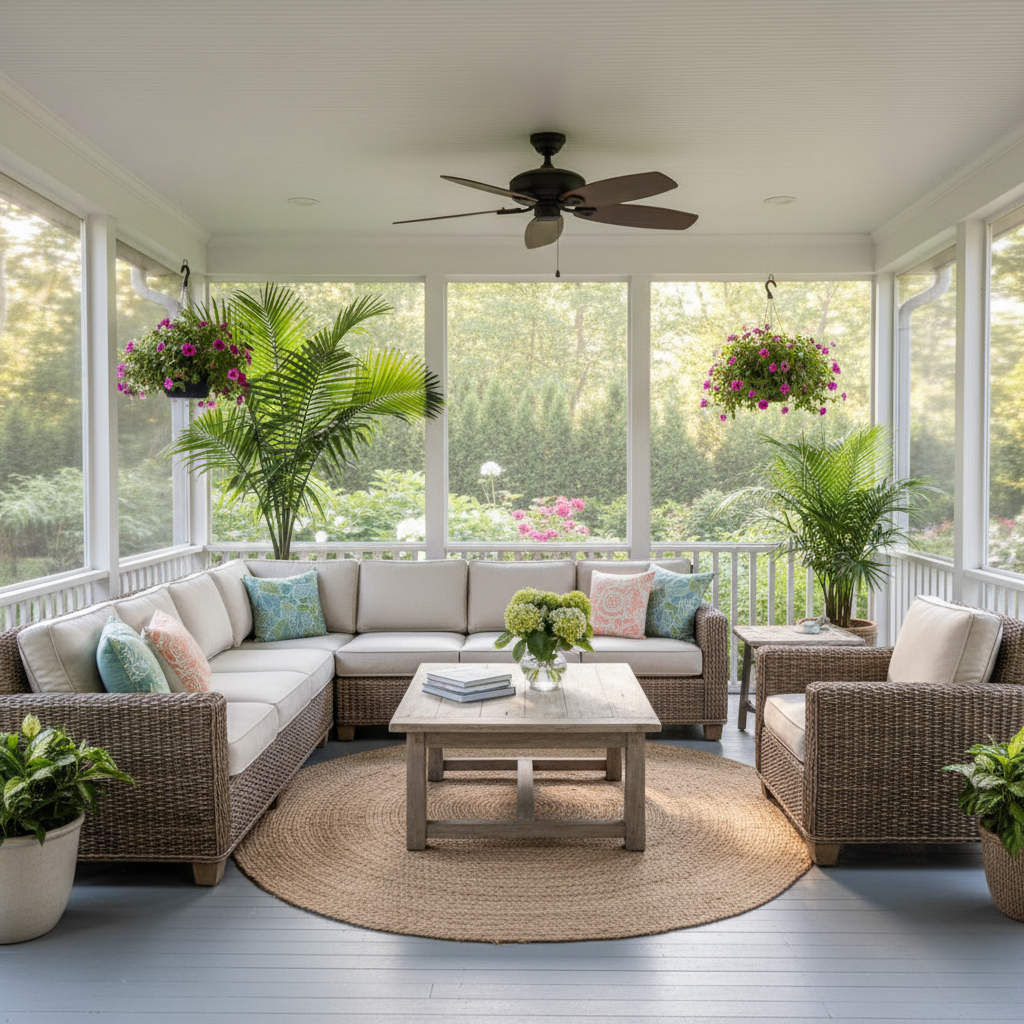 Screened porch interior with wicker seating and ceiling fan, summer light, South Jersey NJ