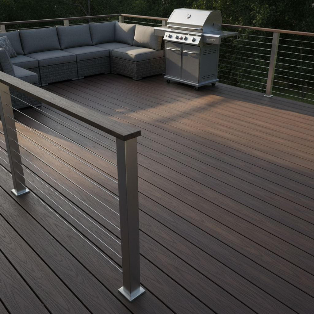 Premium composite TimberTech deck with cable railing system, outdoor sectional seating, and stainless grill: South Jersey deck builder