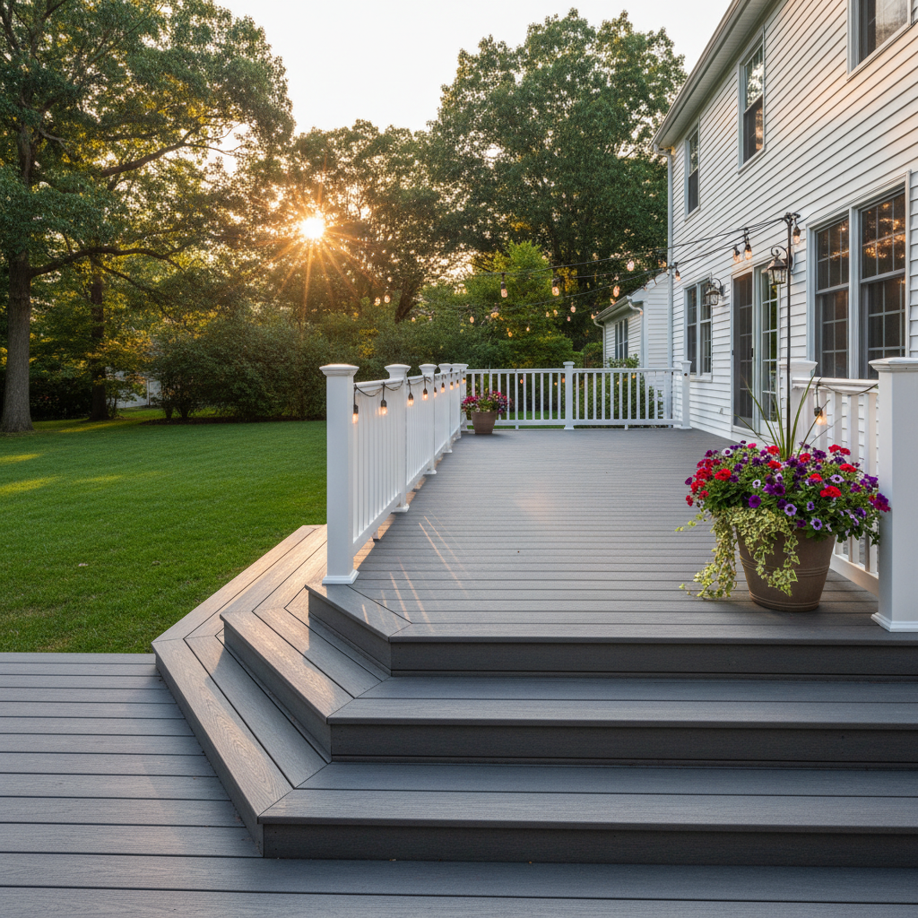 Composite deck with wide stair steps descending into a South Jersey colonial home backyard at golden hour, string lights along the railing