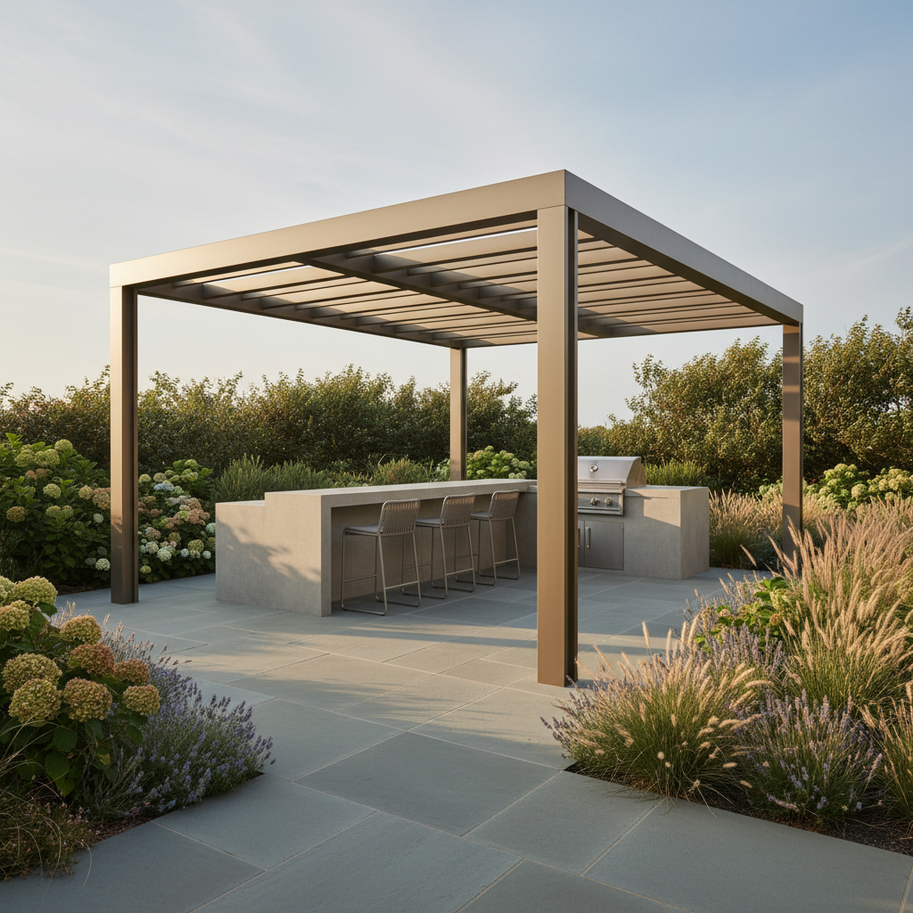 Custom aluminum pergola over light gray flagstone patio with built-in outdoor kitchen, coastal shrubs, at an Avalon-style New Jersey shore home