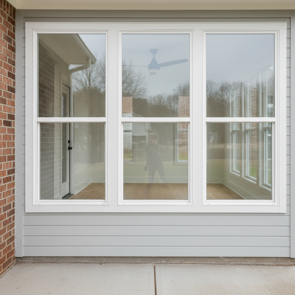 Converted porch addition with new insulated walls and modern white-framed windows, showing the transition from screened porch to year-round room