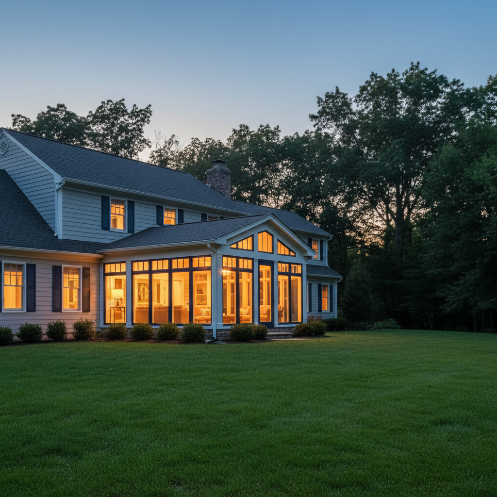 Four-season LivingSpace sunroom addition exterior at dusk, warm interior light glowing through floor-to-ceiling glass panels, manicured South Jersey backyard