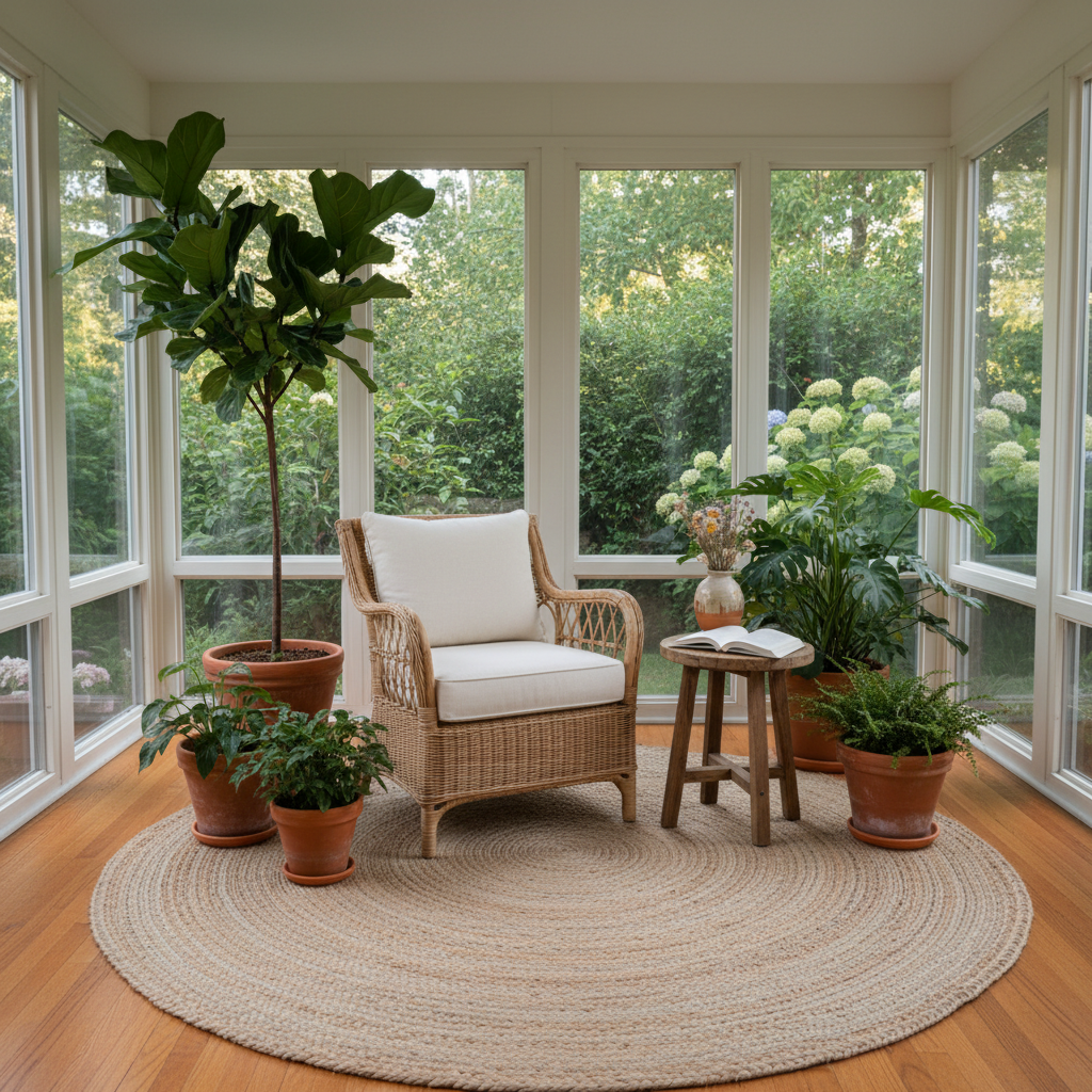 Three-season sunroom interior with natural wicker armchair, tropical potted plants, and soft afternoon light filtering through floor-to-ceiling glass