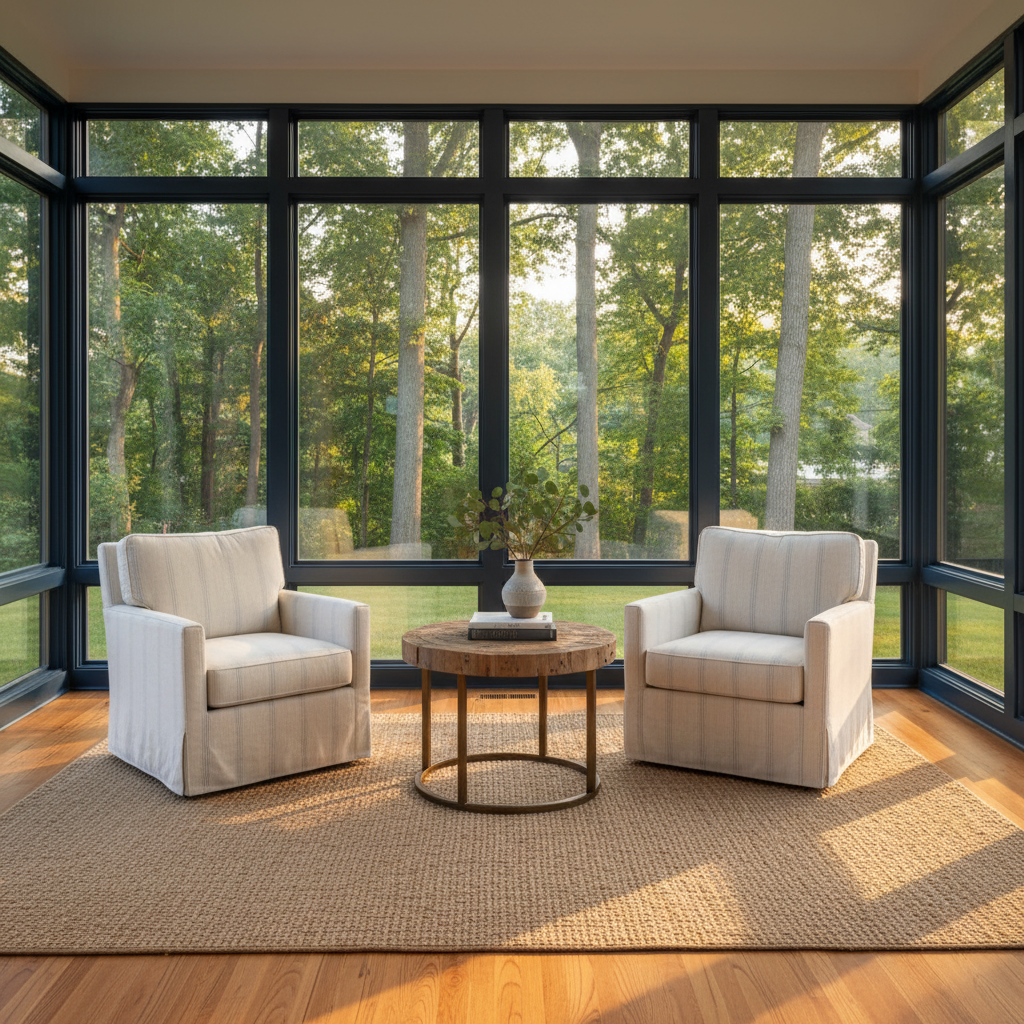 Finished four-season LivingSpace sunroom interior at golden hour with floor-to-ceiling glass panels overlooking a South Jersey backyard