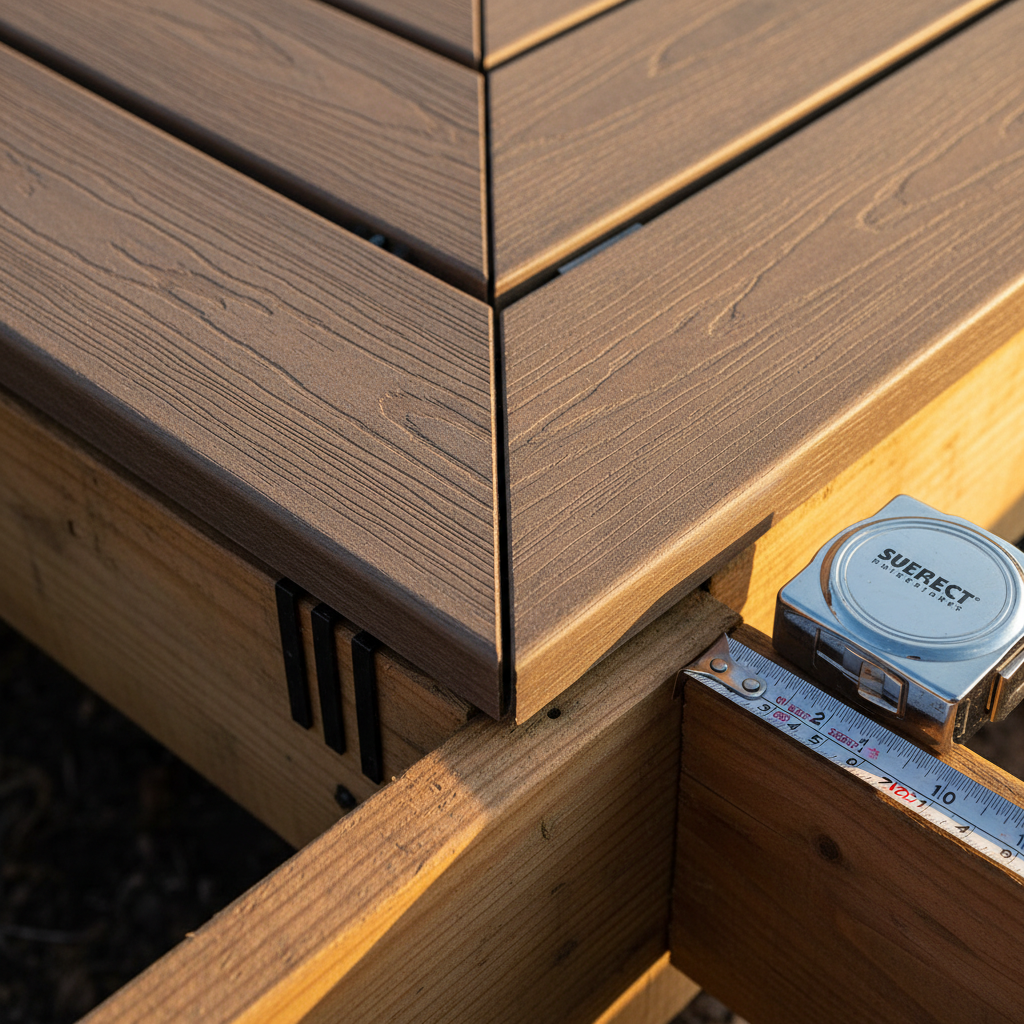 Close-up of precision-cut composite deck board meeting a structural framing joint with hidden fasteners and steel tape measure: South Jersey deck craftsmanship