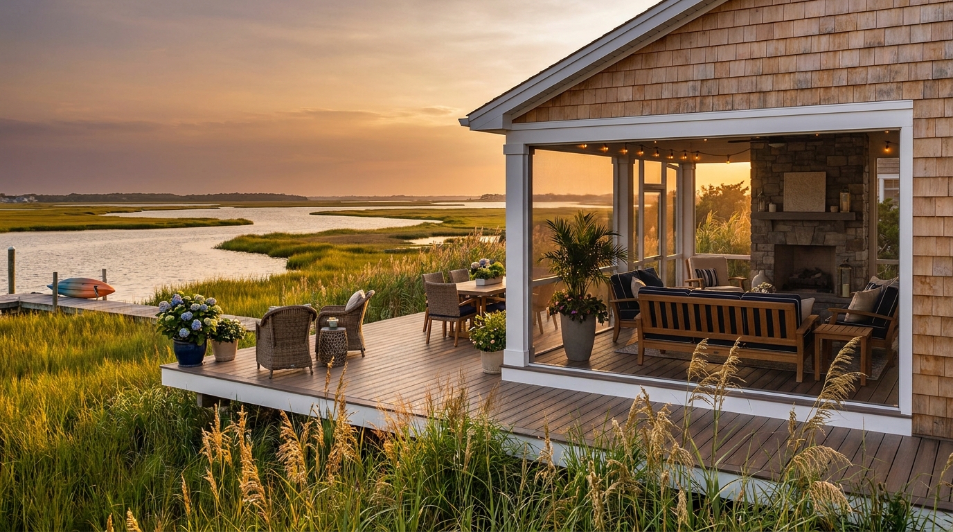 Screened porch on a Stone Harbor, NJ shore home
