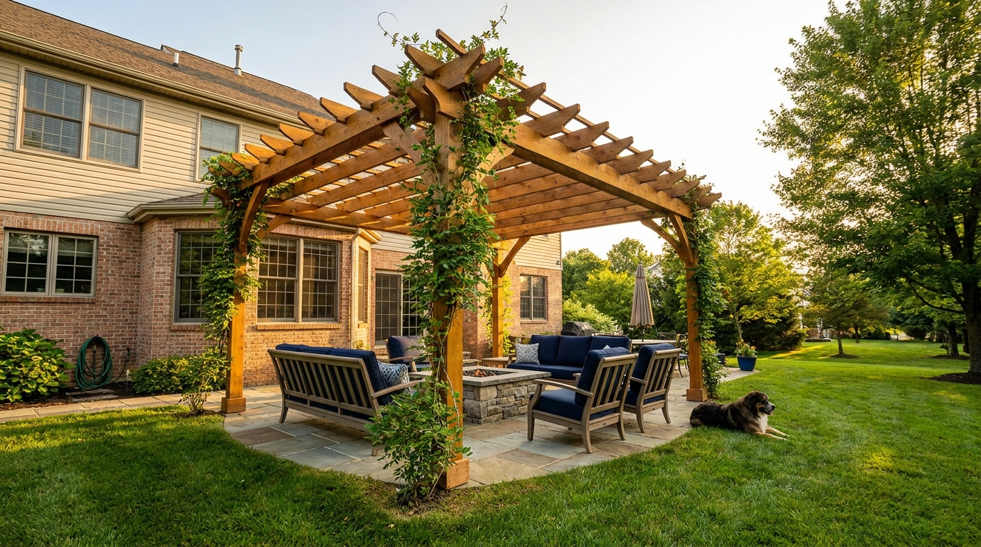 Custom pergola over a patio on a South Jersey home