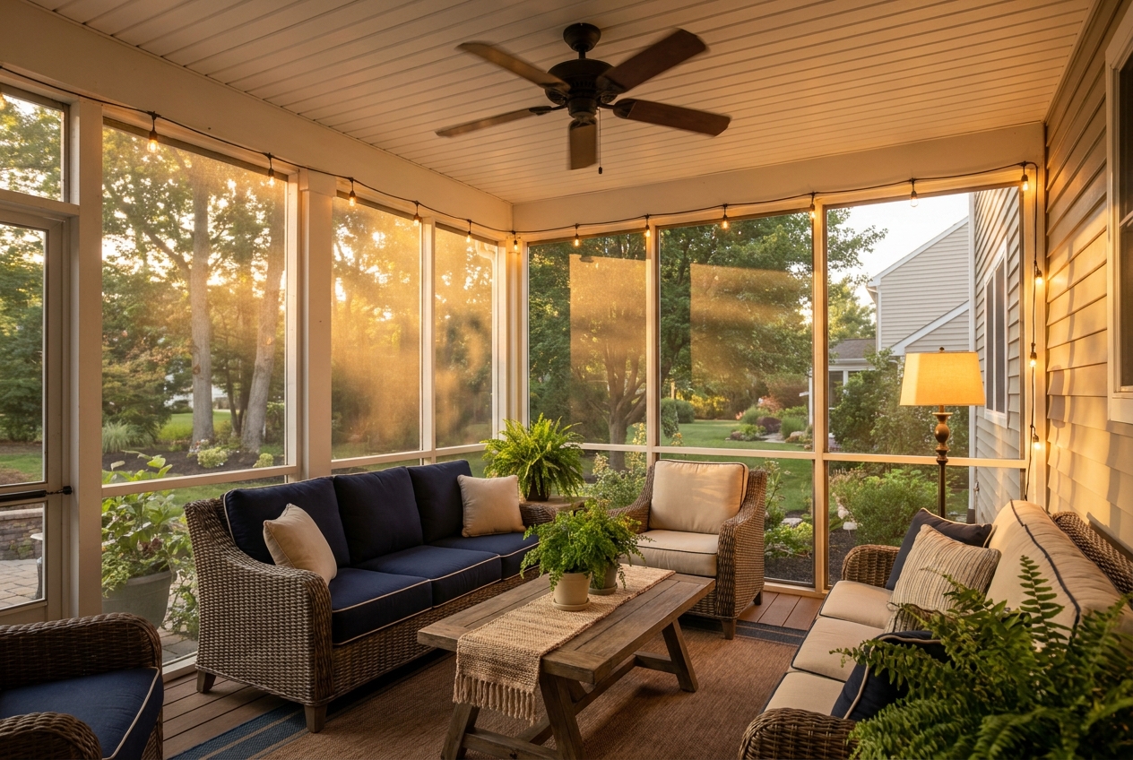 Screened porch with outdoor furniture, summer evening, South Jersey home