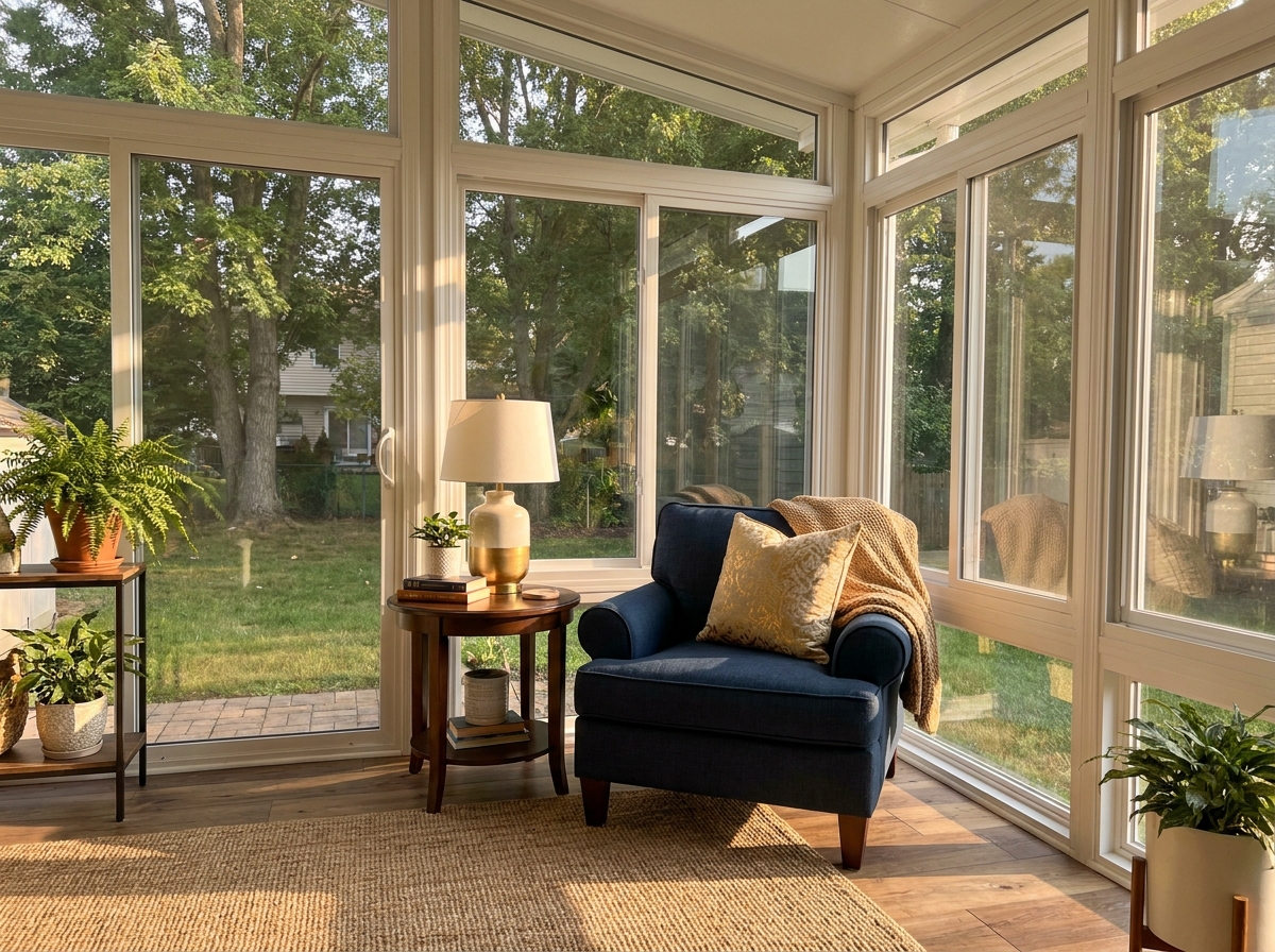 Inside a Porch Conversions enclosure showing the glass wall system, South Jersey