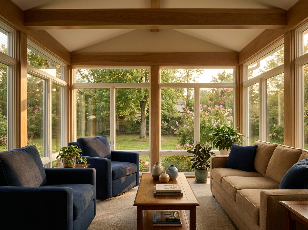 Four-season sunroom interior, full glass walls and premium finish, South Jersey