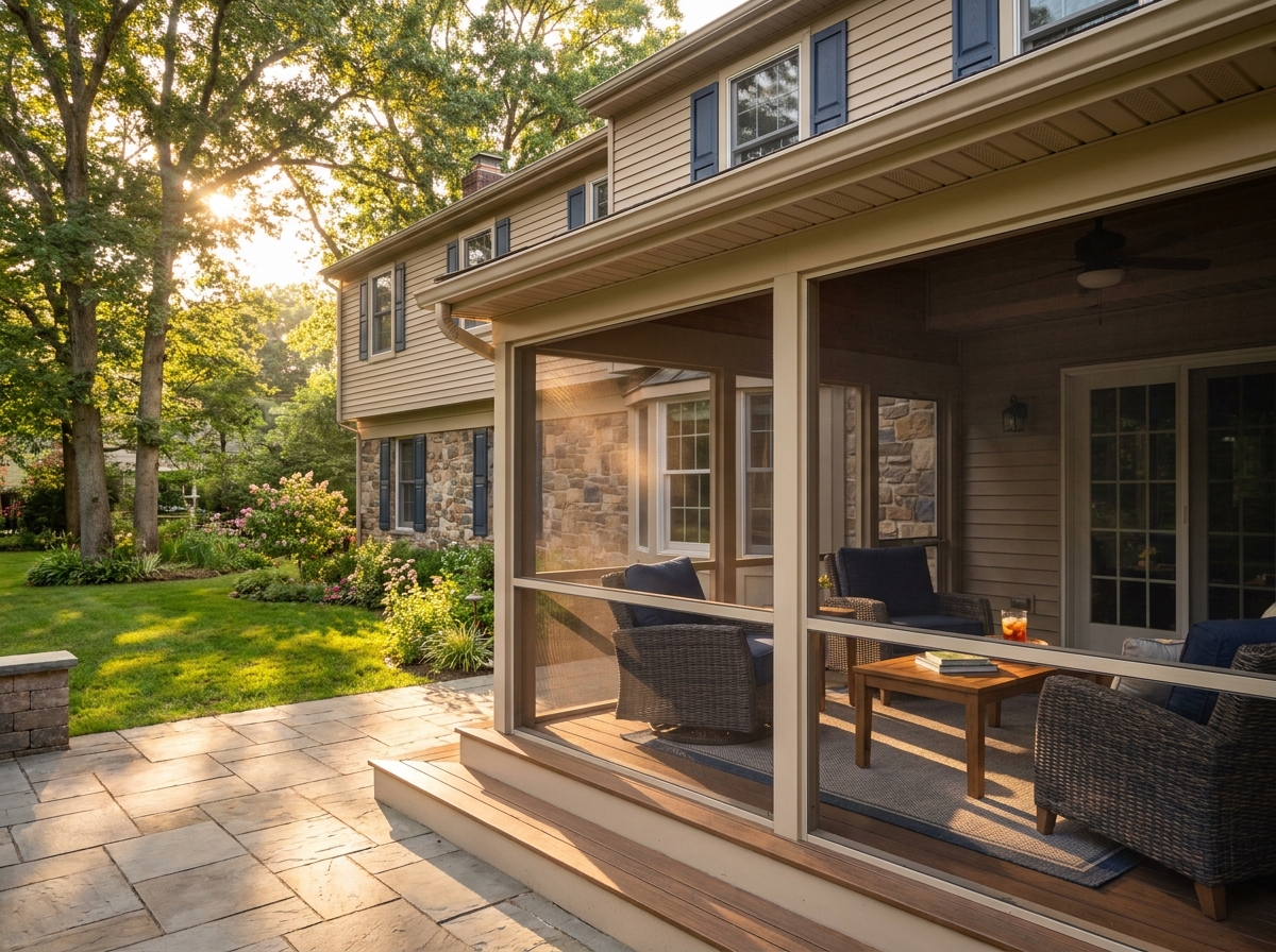 Screened porch with open-air feel and bug-free screen panels, South Jersey home