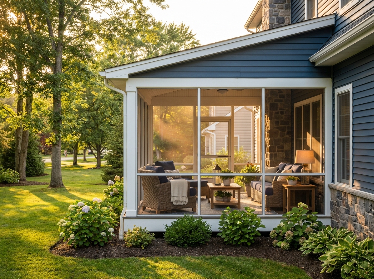 Screened porch with bug-free screen panels and garden view, South Jersey NJ