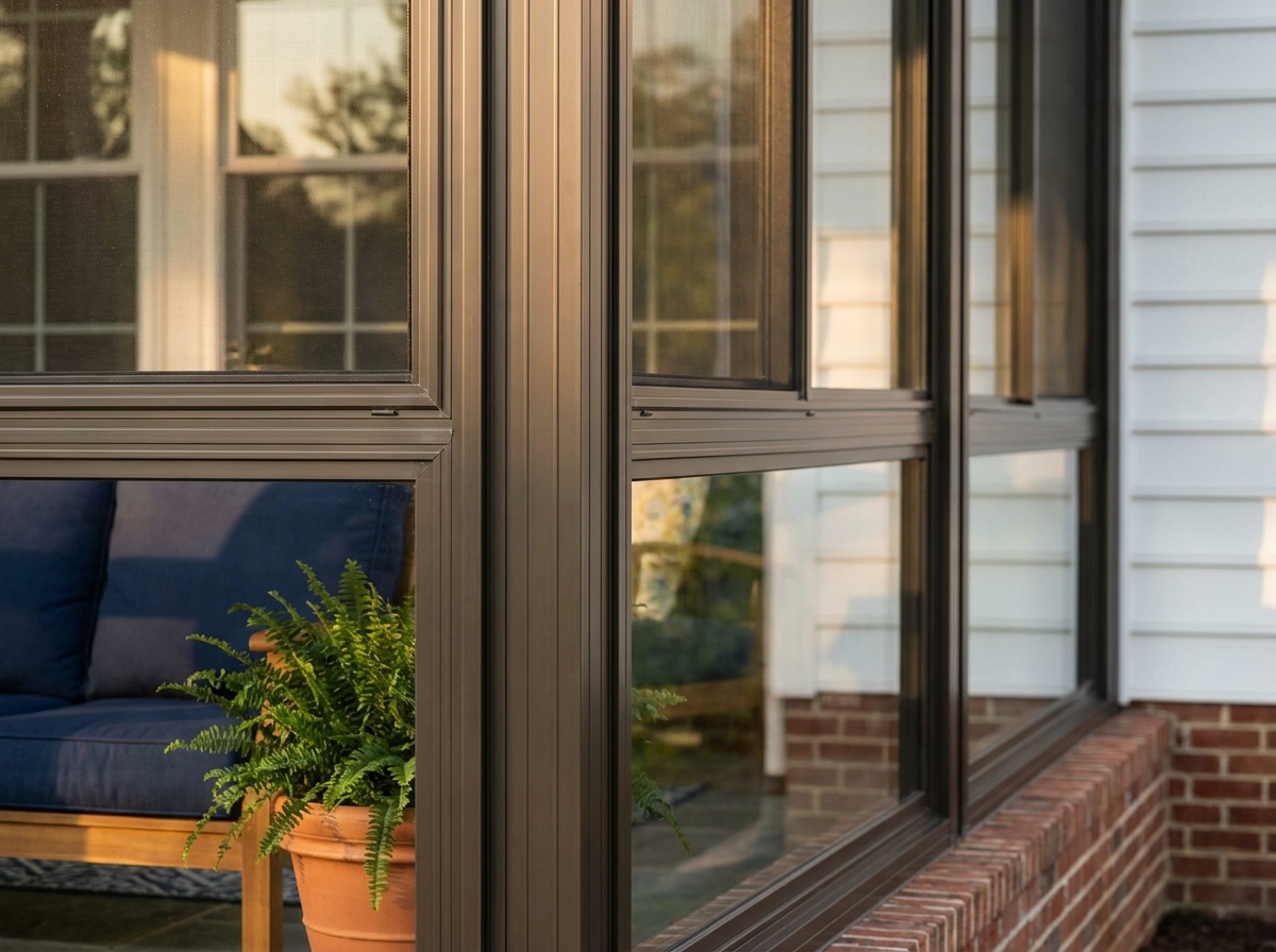 Close-up of Porch Conversions glass and vinyl wall system framing detail