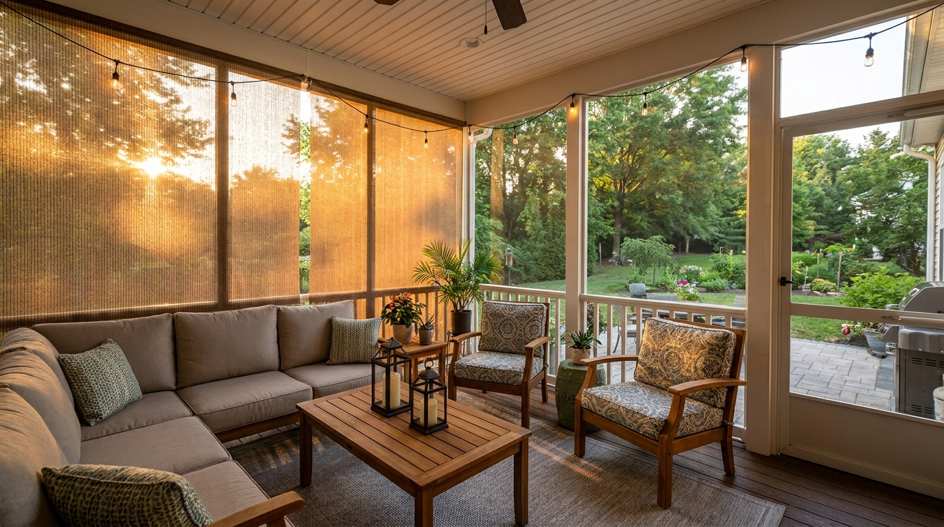 Screened porch on a South Jersey home at dusk