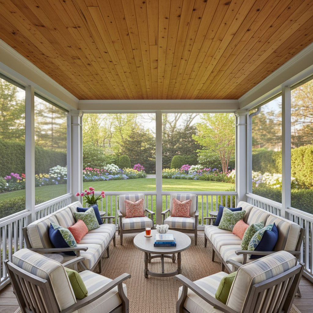 Screened porch with natural wood ceiling and garden view, South Jersey NJ