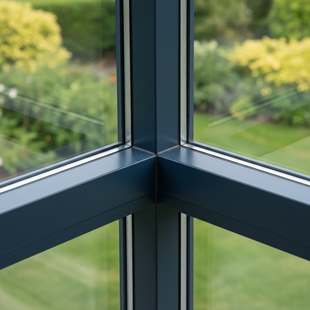 Close-up of LivingSpace sunroom structural joint showing premium aluminum framing and glass seals