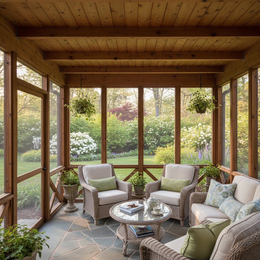 Three-season room with screen panels and garden view, South Jersey NJ